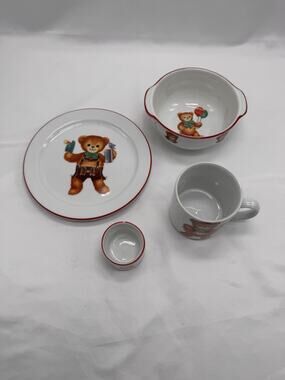 Vintage Reutter Child Kid Feeding Dish 4 Piece Teddy Bears Red Porcelain Germany
